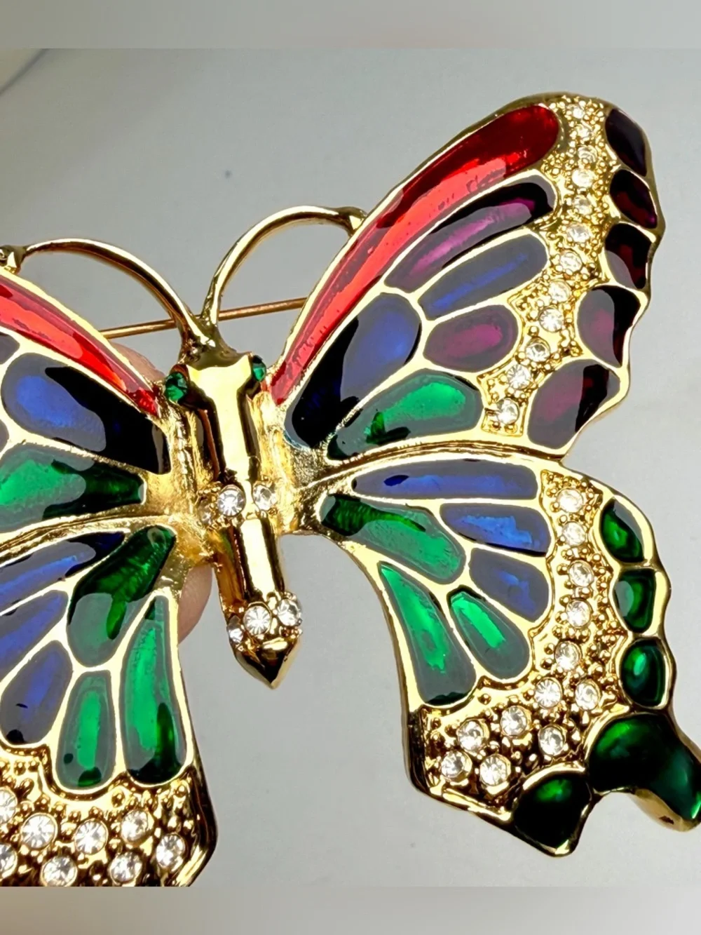 Large Gold Butterfly Brooch Multi Color Rhinestone Enamel Statement Pin